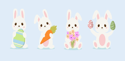 Obraz na płótnie Canvas Easter cutу bunny set. Collection of cartoon baby rabbits with painted eggs. Easter bundle with hare holding easter eggs, carrot and flowers.