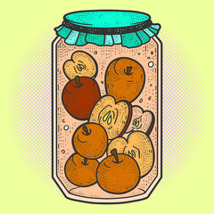 Apple compote. Preservation for the winter. Sketch scratch board imitation. Pop art sketch picture, vector.