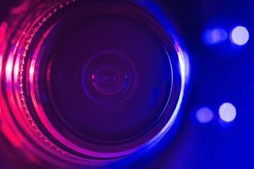 Camera lens with blue and red backlight. Optics. Cyberpunk style