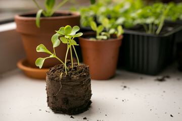 Baby plants sowing in peat tablets. Trays for agricultural seedlings. Organic farm at home