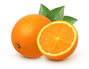 Orange with leaves and half isolated on white background, cut out