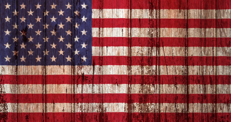 American flag painted on wooden wall with vertical planks - 489374384