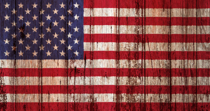 American flag painted on wooden wall with vertical planks