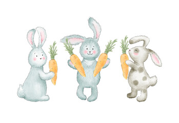 Three hand painted rabbits with carrot. Illustration.