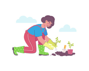 A female gardener in working overalls, gloves and rubber boots plants seedlings from a pot in open ground. Vector illustration on the theme of gardening, farming and landscape design