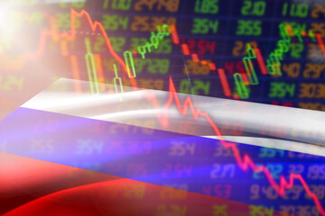 concept Stock exchange market business Downtrend line graph stock market  with flag symbols of Russia. financial stock market, cryptocurrency graph.