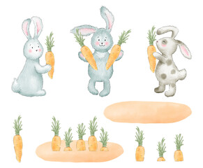 Hand painted rabbits and carrots on white background. Illustration.