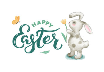 Handwritten lettering Happy Easter and hand drawn adorable rabbit with flower. Illustration.