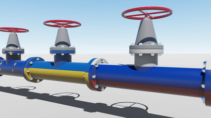  The gas pipeline with flags of Russia, Ukraine and EU. 3d rendering