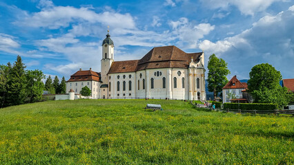 View of the Pilgrimage Church of Wies, an oval rococo church,  Bavaria, Germany