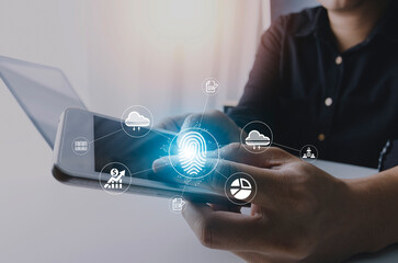 Online transactions, Businessman touching fingerprint scan provides security interface payment shopping banking and cloud computing network connection on virtual screen.