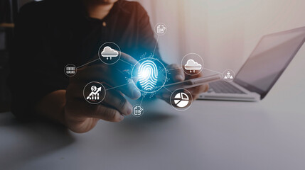 Online transactions, Businessman touching fingerprint scan provides security interface payment shopping banking and cloud computing network connection on virtual screen.