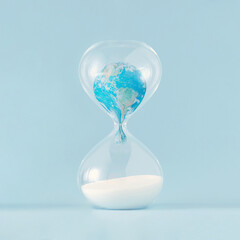 Close-up of planet Earth melting in hourglass on pastel blue background. Minimal creative concept...