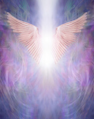 Blur motion Rising Angel Wings background - purple blue pink symmetrical wispy background with...