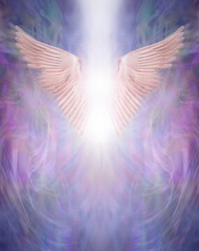 Blur motion Rising Angel Wings background - purple blue pink symmetrical wispy background with shaft of white light and angel wings with copy space below
