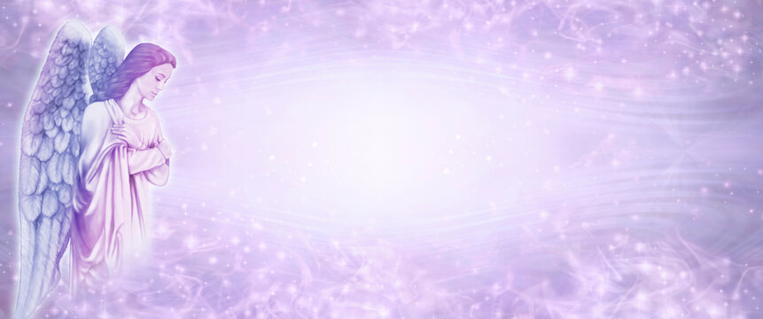 Angel Message spiritual sparkle  background banner - contemplative angel on left side against a wide lilac pink sparkling border frame and copy space
