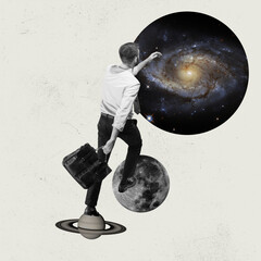 Young man, student with retro briefcase walking from one planet to another. Contemporary art collage. International immigration, Day of Human Space Flight