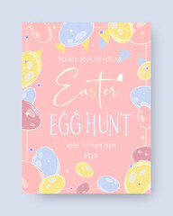 Easter egg hunt poster invintation template. Easter eggs flat thin line hand drawn doodle set. Easter egg decoration. For poster, flyer, banner, web, print, blog post. Easter design elements.