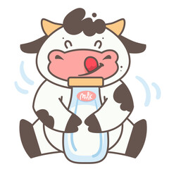 A cow with a bottle of milk. Cute character. Vector illustration. Cartoon style.