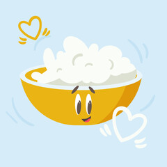 Cottage cheese. A bowl of cottage cheese with a cheerful smile. Vector cute illustration.