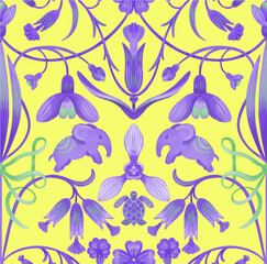 seamless patterns with elephants in Indian bright style with stylized primroses and snowdrops. surface design
