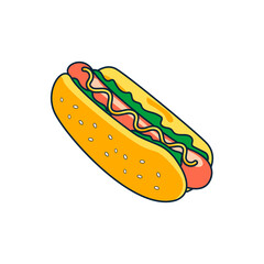Hot dog with sausage filling, lettuce leaves and mustard sauce. Stylish vector drawing