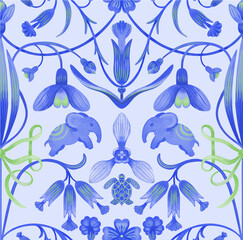 seamless patterns with elephants in Indian bright style with stylized primroses and snowdrops. surface design
