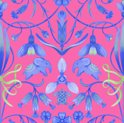 seamless patterns with elephants in Indian bright style with stylized primroses and snowdrops. surface design
