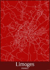 Red map of Limoges France.