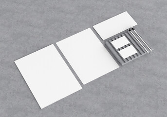 Base white stationery mockup template for branding identity on a gray concrete background for graphic designers presentations and portfolios. 3D rendering.
