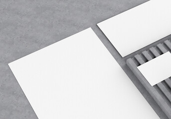 Base white stationery mockup template for branding identity on a gray concrete background for graphic designers presentations and portfolios. 3D rendering.
