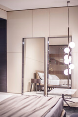 modern cozy and stylish bedroom with soft lighting and high mirrors