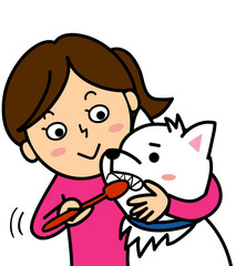 犬に歯磨きをしている女性