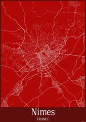 Red map of Nimes France.