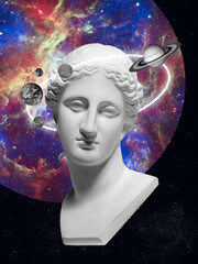 Conceptual creative artwork. Ideas, inspirations, imagintaions. Bust of ancient statue on dark background. Surrealism. Concept of astronautics, dreams, astronomy, art,