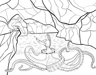 linear illustration of a man in a cave trying to help an octopus girl