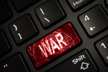 Message on broken red enter key of keyboard. Computer Ukraine war attack warning. Copy space - 489381919