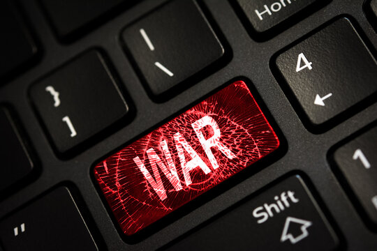 Message on broken red enter key of keyboard. Computer Ukraine war attack warning. Copy space