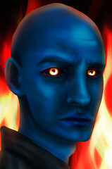 A realistic portrait of a demon with blue skin and yellow eyes, standing in flames