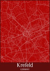 Red map of Krefeld Germany.