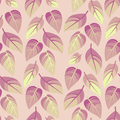 Vector seamless spring pattern with falling pastel color leaves on baige background; perfect for wrapping paper, invitations, cards, textile and other design. - 489383565