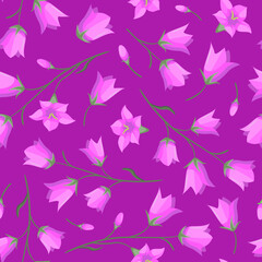 Vector seamless floral pattern with pink campanula flowers on dark pink background; perfect for wrapping paper, textile, cards, inwitations and other design. - 489383590