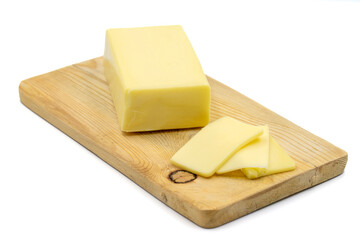 Kashar cheese or kashkaval cheese on white background. Sliced Cheddar Cheese