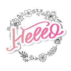 Hello in hand drawn style. Hello world. Lettering design concept. White background. Hand lettering typography. New year party. Hello quote message bubble. Hello symbol.