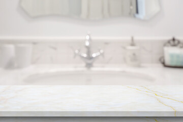 Empty white marble table top with blur bathroom background