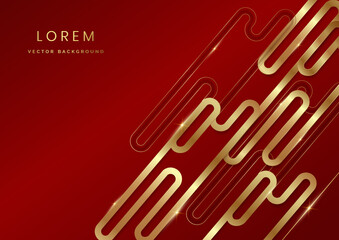 Abstract red elegant background with golden rounded. Decor golden lines glowing dots golden combinations. Luxury design.