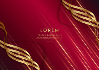 Abstract 3d template red background with gold ribbon curved wavy sparking with copy space for text. Luxury style.