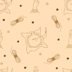 Seamless pattern embroidery, threads and heart hand gesture on light yellow background with buttons and skeins of threads. Vector illustration. Linear hand drawings in doodle style