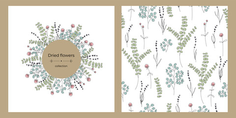 Greeting card from dry flowers lavender, eucalyptus, gomphrena. Postcard concept with place for text and seamless pattern.