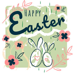 Vector illustration happy easter card with flowers. Easter poster and banner template with Easter eggs in the nest on light green background.